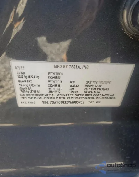 2022 Tesla Model Y из США, поврежденный, VIN 7SAYGDEE8NA005739